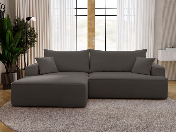 GRAINGOLD Ecksofa California, Sofa mit Schlaffunktion, Bettkasten, Eckcouch L-Form, Velour-Stoff, Dunkelgrau, Links