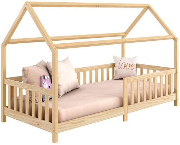 IDIMEX Hausbett NINA aus massiver Kiefer, schönes Montessori Bett in 90x200, minimalistisches Kinderbett mit Dach Natur