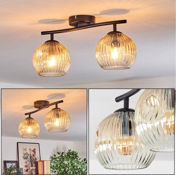 hofstein Deckenleuchte Deckenlampe aus Metall/Riffelglas in Schwarz/Bernsteinfarben/Klar, ohne Leuchtmittel, Deckenleuchte im Retro/Vintage-Design (Schirme Ø 15 cm), 2 x E14