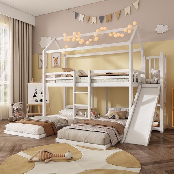 Etagenbett mit Rutsche, Hausbett-Design, 272 x 206 x 221 cm, Weiß, ohne Matratze
