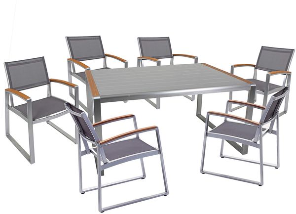 Garten-Sitzgruppe ANDY 7-tlg. - Kunststoffgewebe, Hellbraun | Gartenmöbel-Set Gartengarnitur Garten-Essgruppe mit Stühlen und Esstisch