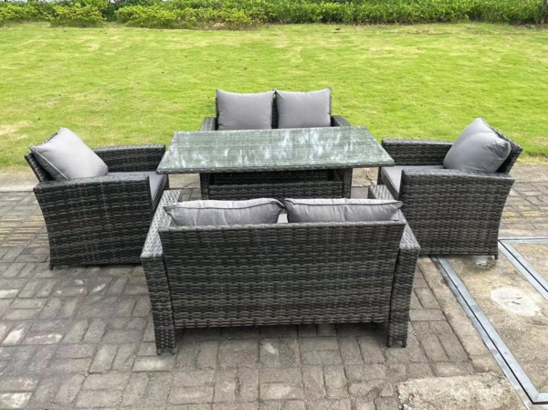 Fimous 6 Sitzer Outdoor Dunkelgrau gemischt Hoher Rücken Rattan Sofa Esstisch Set Gartenmöbel Sesseln Liebe Sofa Bild 2