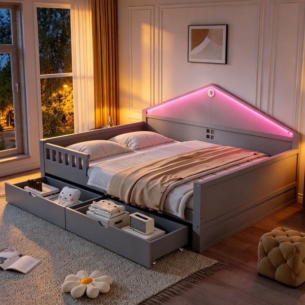 Merax Kinderbett 140×200 cm, Einzelbett, Jugendbett, mit Lichtleiste, Schubladen, Lattenrost, Grau