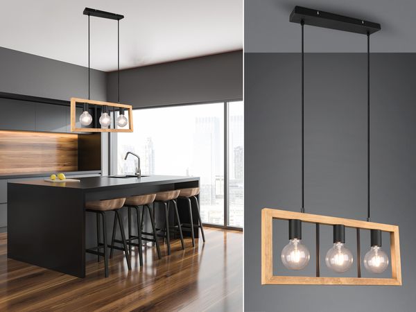 LED Balken Pendelleuchte 3 flammig Schwarz mit Holzbalken, Breite 60cm