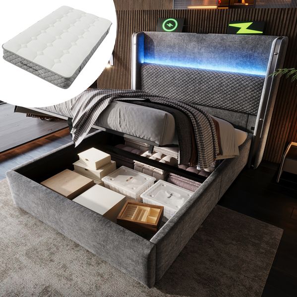 Polsterbett, Leinenoptik mit LED, Stauraum & USB-Anschluss, 90x200 cm, Grau, mit Matratze