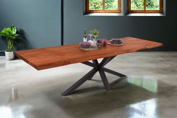 Esstisch Baumkante Akazie nuss 220 (320) x 100 Spider-Gestell schwarz mit Ansteckplatten CALI 150438730