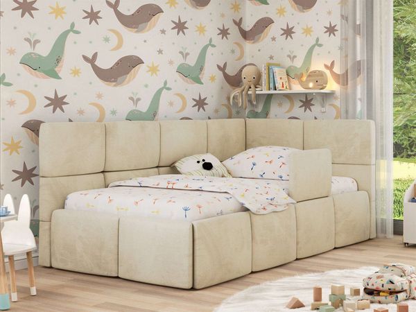 Jugendbett, Kinderbett mit Kopfteil ARVO ALTA 90x200 cm, Polsterbett mit Stauraum, hoher Schlafkomfort - Beige Velvet - Rechts - ELORI LUX