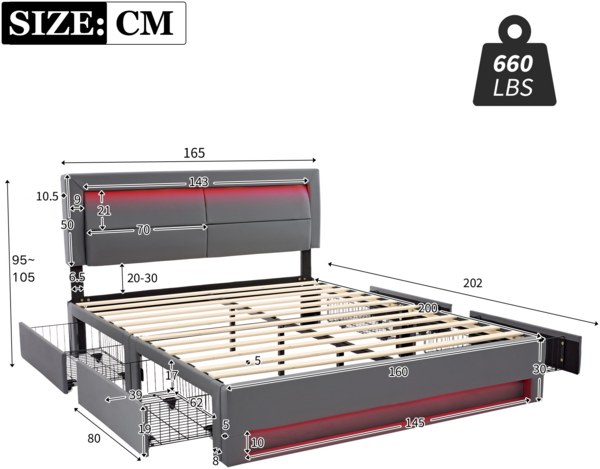 Merax Polsterbett LED Doppelbett 160x200cm mit USB-Anschluss und 4 Schubladen, grau