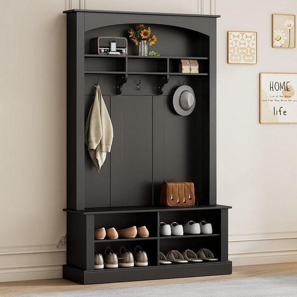Merax Garderoben-Set mit Bank & Schuhablage, (1-St, H190/B120/T40 cm), Flurgarderobe mit 3 Haken, offenem Stauraum & verstellbaren Regalböden