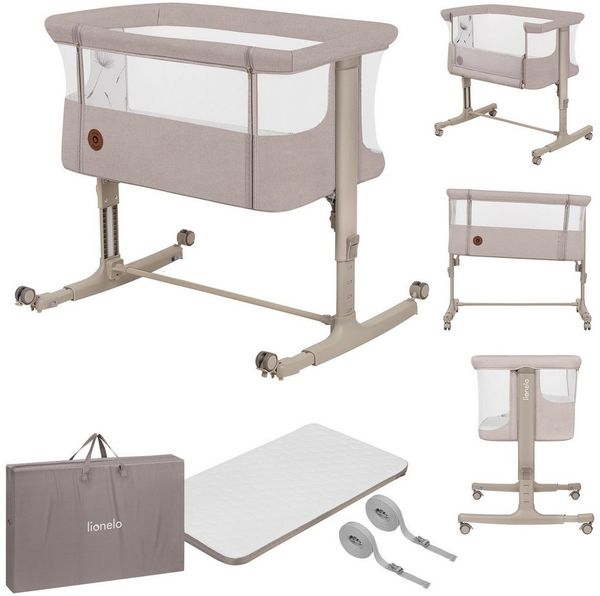Lionelo Aurora 3 in 1 Babybett bis 9 kg, Beistellbett, Wiege, Höhenverstellug und Einstellung der Neigung der Matratze, 4 Räder mit Bremse Ergonomische Matratze Tasche