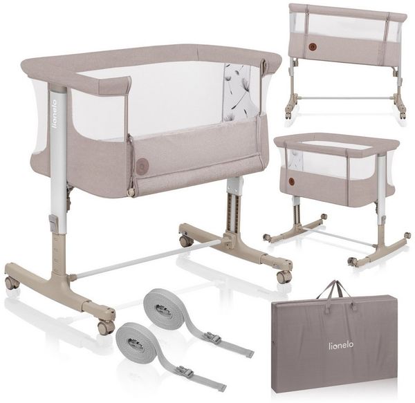Lionelo Aurora 3 in 1 Babybett bis 9 kg, Beistellbett, Wiege, Höhenverstellug und Einstellung der Neigung der Matratze, 4 Räder mit Bremse Ergonomische Matratze Tasche