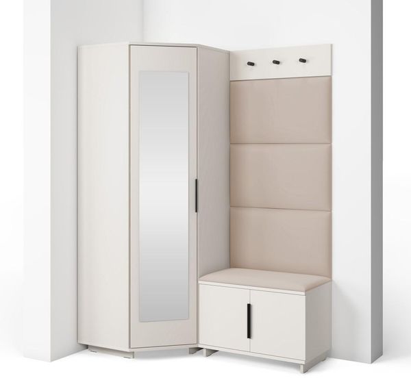 Garderoben-Set Napoli Version 17: Eckschrank mit Polsterpaneelen, Schuhschrank und Schrankaufsatz Flur und Eingangsbereich (Cashmere/Trinity 02), 189 x 40 x 140 cm