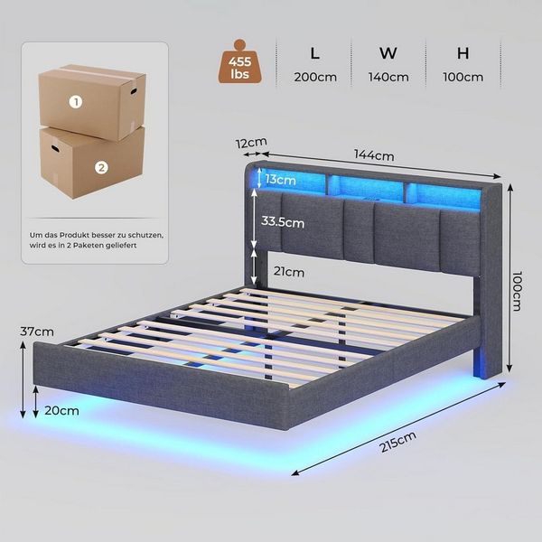 MSMASK Polsterbett Jugendbett mit LED Beleuchtung und Ladestation, Leichte Montage (Ohne Matratze), Schwebebett, Bettgestell 140 x 200cm