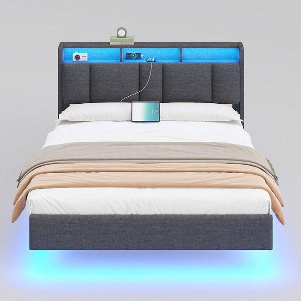 MSMASK Polsterbett Jugendbett mit LED Beleuchtung und Ladestation, Leichte Montage (Ohne Matratze), Schwebebett, Bettgestell 140 x 200cm