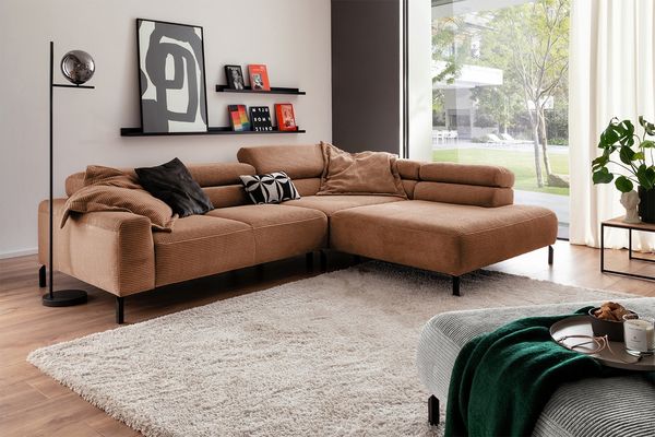 KAWOLA Sofa DELIA Ecksofa XL Cord rost mit motorischem Sitzvorzug Recamiere rechts 74 x 219 x 312 cm