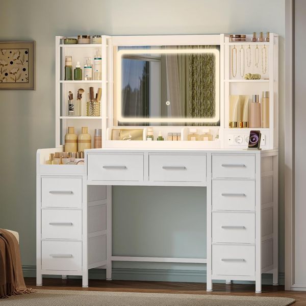 120 cm Schminktisch mit Spiegel, Schminktisch mit 3 Farben LED-Beleuchtung, Verstellbare Helligkeit, Frisiertisch mit Stecker, 9 Schubladen, 9 offenen Ablagefächern Weiß