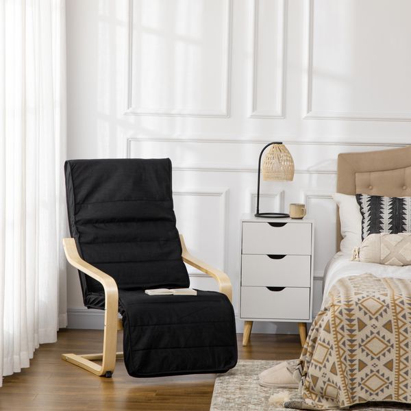 Relaxsessel 66,5x94x100 cm, Freischwinger mit 5‑stufig verstellbarer Beinstütze, Birkenholz & Schwarz
