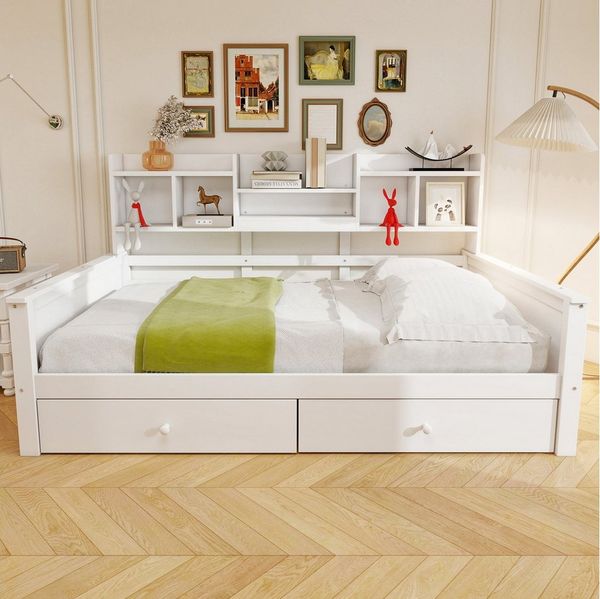 Merax Daybett (Sofabett Jugendbett Kinderbett Einzelbett aus Massivholz, 1 tlg), Tagesbett Schlafsofa 90×200cm mit 2 Schubladen, Regalen & Lattenrost