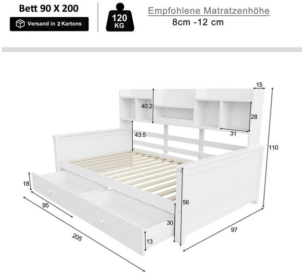 Merax Daybett (Sofabett Jugendbett Kinderbett Einzelbett aus Massivholz, 1 tlg), Tagesbett Schlafsofa 90×200cm mit 2 Schubladen, Regalen & Lattenrost Bild 3