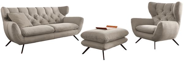 KAWOLA Sitzgruppe CHARME 3-Sitzer Sessel Hockerbank Cord steingrau 94 x 95 x 225 cm Bild 3