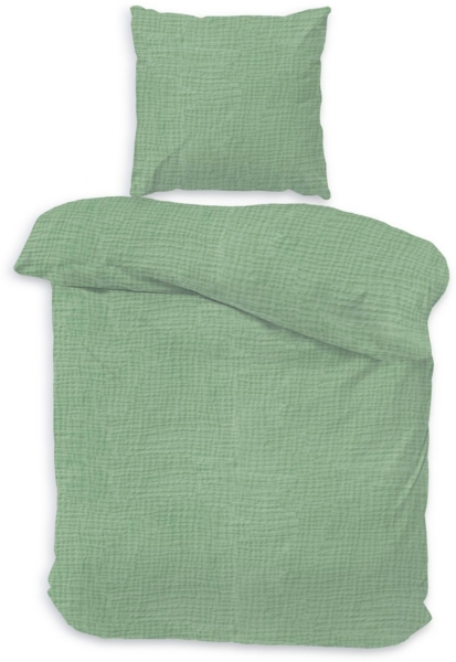 Träumschön Bettwäsche Musselin Set aus Baumwolle 135x200 cm oder 155x220 cm, Uni grün, Musselin, 2 teilig, 100% Baumwolle, Reißverschluss, weich, atmungsaktiv und hypoallergen