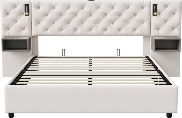 Furnishings Home Polsterbett Stauraumbett, Doppelbett Jugendbett, Ladefunktion + LED (Hydraulisch anhebbarer Bettstauraum), Mit LED-Beleuchtung, Nachttisch, Samt, 140x200 cm