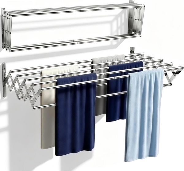 TUWENA Wandwäschetrockner Wäscheständer Wandmontage, Wandtrockner Ausziehbar mit 7 Stangen, zusammenklappbarer Edelstahl-Handtuchhalter für Innen & Außenbereich