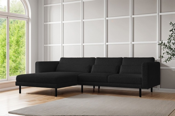 Ecksofa Designersofa AGADA in Stoff Poso Schwarz Ottomane Links