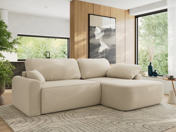 Ecksofa, L-förmiges, lose Kissen, DL-Schlaffunktion, (H 100 x T 187 x B 273 cm) - CUBO L - Boucle Beige - rechte Seite