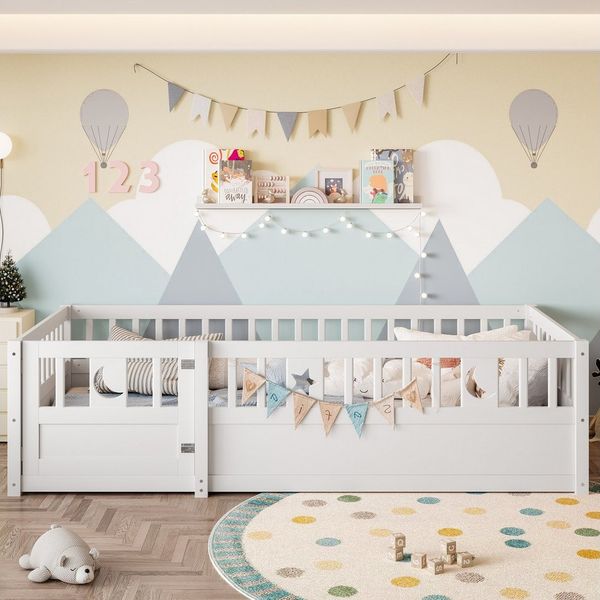 Flieks Kinderbett, Bodenbett Massivholzbett 90x190cm mit Gitter ohne Lattenrost