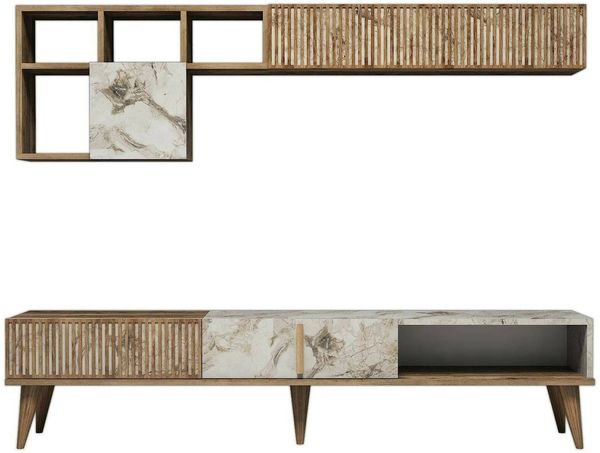 Dmora Wohnzimmermöbel Ostro, Modulares Wohnzimmerset, Mehrzweck-Wohnzimmermöbel, Moderner TV-Schrank, 180x35h40 cm, Nussbaum und Weißer Marmor