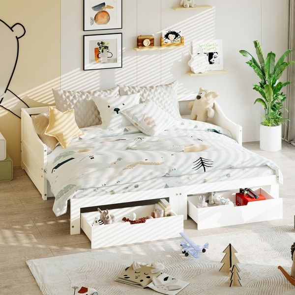 FUROKOY Daybett Kinderbett Ausziehbett 90/180x200 cm, Tagesbett Massivholzbett mit Lattenrost und 2 Schubladen