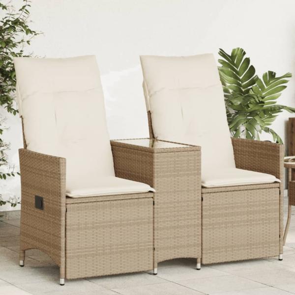 vidaXL Gartensofa 2-Sitzer Verstellbar mit Tisch Beige Poly Rattan 365713