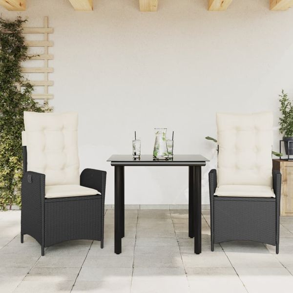 vidaXL 3-tlg. Garten-Essgruppe mit Kissen Schwarz Poly Rattan 3213164