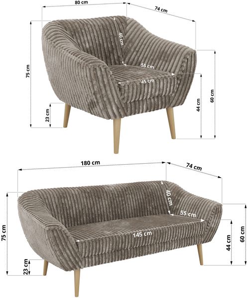 Wohnzimmerset PIRS 1-1-3, Skandinavisches 3-Sitzer Sofa mit Sesseln, Sofa mit Wellenfederung, Buche Füße, Skandinavisches Möbelset - Hellbraun Cord Bild 5