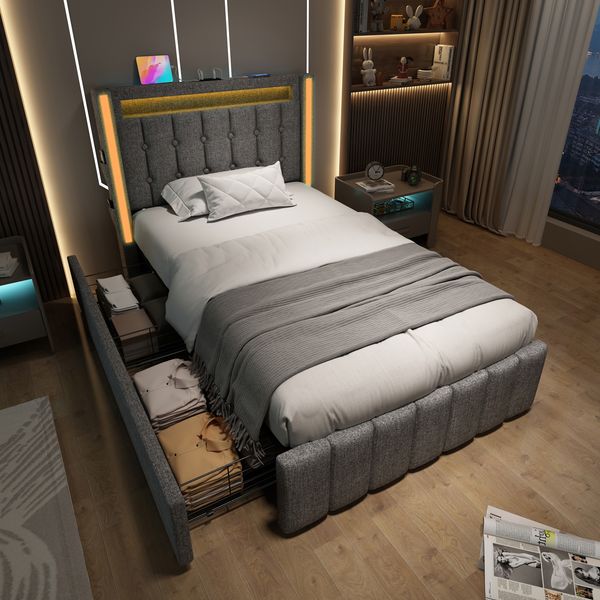 Polsterbett 90x200 cm, Leinenbezug in Grau, integrierte USB‑/Typ‑C‑Ladefunktion, LED‑Beleuchtung und zwei Schubladen