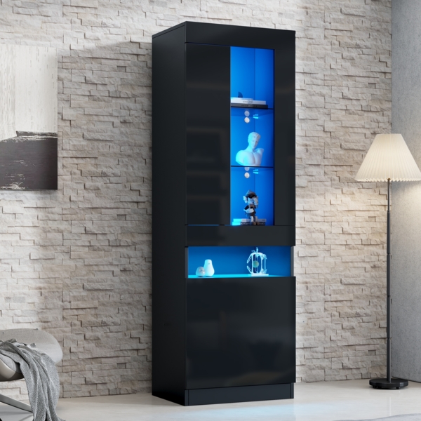 Vitrine Schwarz 50×40×180 cm mit Glasböden, Hochglanzfront, USB-LED-Beleuchtung, Stauraum, Wohnzimmer Schrank