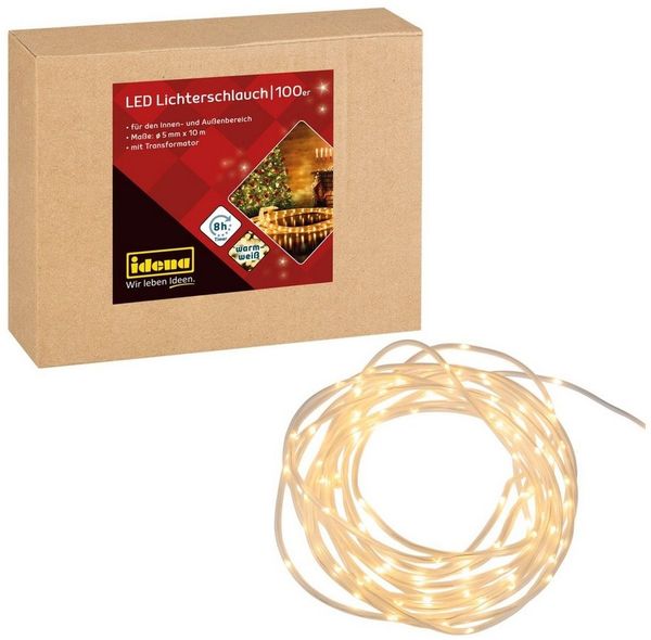 Idena 31487 - LED Lichterschlauch mit 100 LEDs in Warmweiß, Lichterkette mit 8 Stunden Timer Funktion & Transformator, ca. 10 m lang, Deko für Innen & Außen, Party Deko, Weihnachtsdeko, Hochzeit