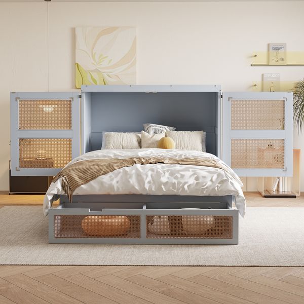 Novelux Vertikales Schrankbett 140x200 cm mit Stauraumschubladen & Lattenrost – Massives Kiefernholz Grau, Platzsparendes Wandklappbett im Rattan-Design
