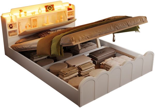 Holzbett mit RGB LED-Streifen, Stauraum, Lattenrost, Kopfteil mit Polsterung, Regal, USB, Type-C, 140x200cm, Doppelbett, Stauraumbett, Jugendbett