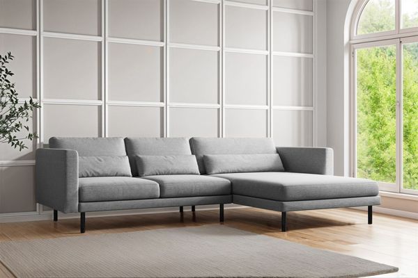 Ecksofa Designersofa AGADA in Stoff Verita Hellgrau Ottomane Rechts