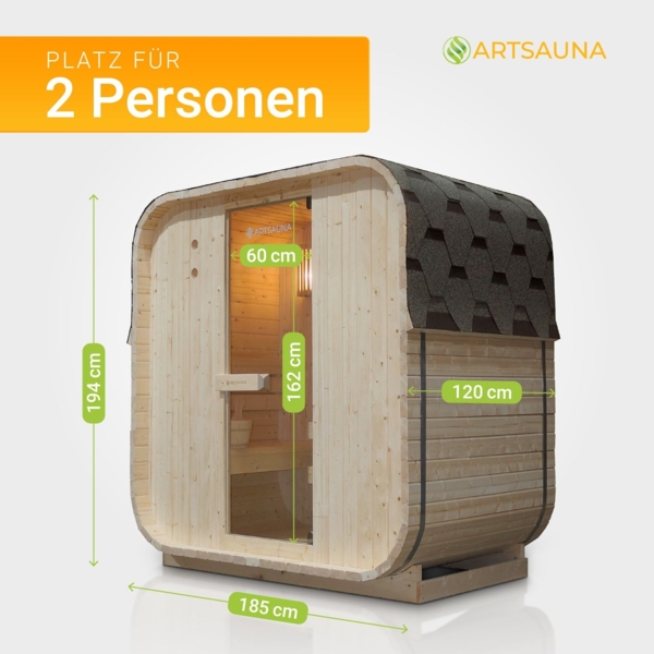 Artsauna Fasssauna Nolvik M, Outdoor-Sauna aus Fichtenholz, 3,6 kW Ofen, LED, Komplettset mit Sanduhr, Eimer & Thermometer, winterfest, Cube Design Bild 4