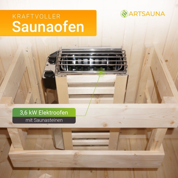 Artsauna Fasssauna Nolvik M, Outdoor-Sauna aus Fichtenholz, 3,6 kW Ofen, LED, Komplettset mit Sanduhr, Eimer & Thermometer, winterfest, Cube Design Bild 5