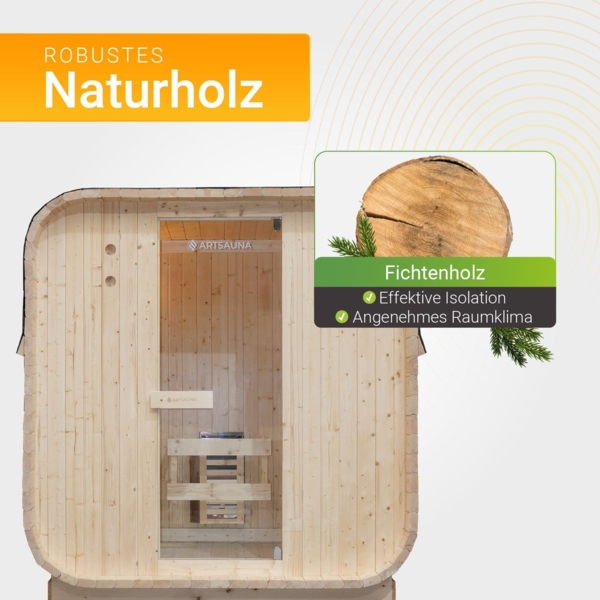 Artsauna Fasssauna Nolvik M, Outdoor-Sauna aus Fichtenholz, 3,6 kW Ofen, LED, Komplettset mit Sanduhr, Eimer & Thermometer, winterfest, Cube Design Bild 3