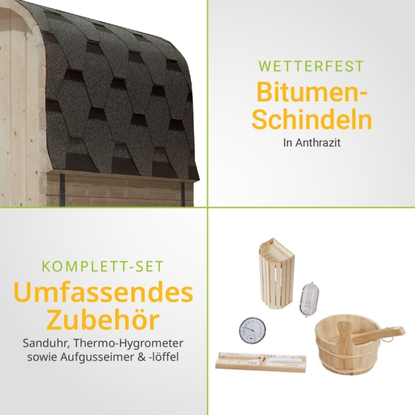 Artsauna Fasssauna Nolvik M, Outdoor-Sauna aus Fichtenholz, 3,6 kW Ofen, LED, Komplettset mit Sanduhr, Eimer & Thermometer, winterfest, Cube Design Bild 6