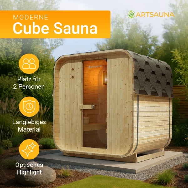 Artsauna Fasssauna Nolvik M, Outdoor-Sauna aus Fichtenholz, 3,6 kW Ofen, LED, Komplettset mit Sanduhr, Eimer & Thermometer, winterfest, Cube Design Bild 2