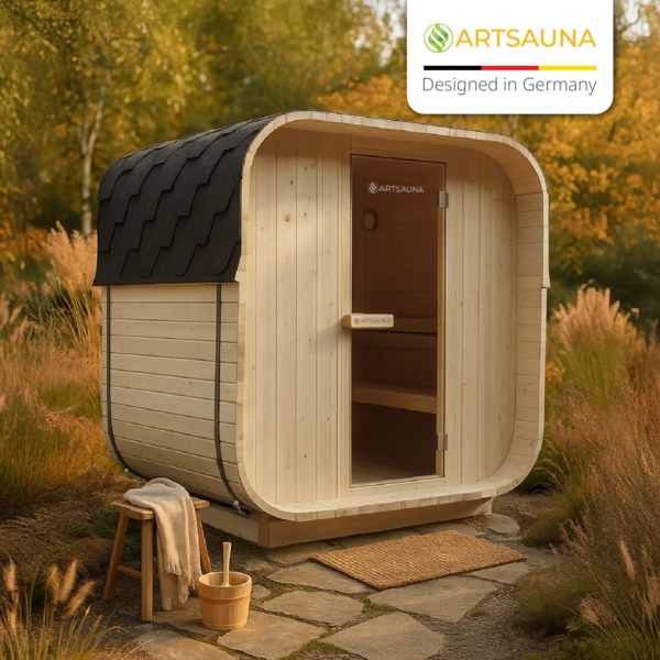 Artsauna Fasssauna Nolvik M, Outdoor-Sauna aus Fichtenholz, 3,6 kW Ofen, LED, Komplettset mit Sanduhr, Eimer & Thermometer, winterfest, Cube Design Bild 7