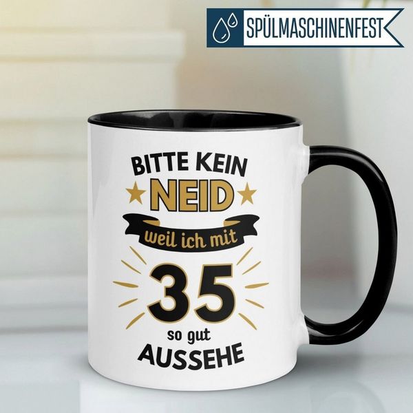 Momentals Tasse Geburtstag Geschenk Mann 35 – „Bitte kein Neid“ – Geburtstagsgeschenk, Gratis Versand · Links-&Rechtshänder · Spülmaschinenfest