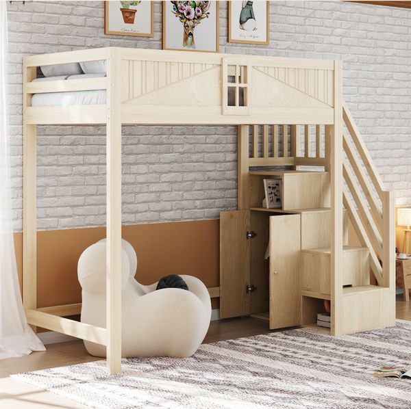Hochbett 90x200 cm aus Massivholz – mit Sicherheitsumrandung, Fensterdetail und Leiter mit Ablage
