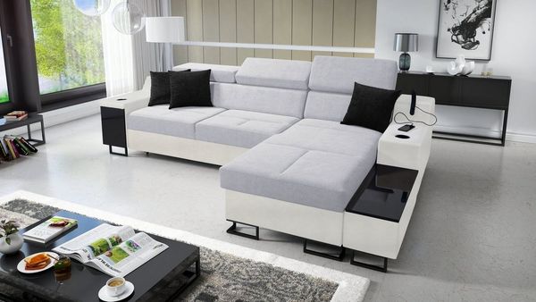 Best for Home Ecksofa ART I MINI mit Schlaffunktion und Bettzeugaufbewahrung, mit USB-Ladeleuchte und flexiblem Arm